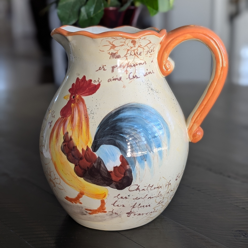 Handcrafted Rooster Pitcher with Orange Handle